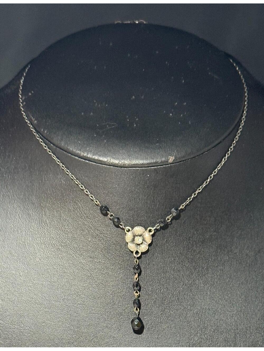 C. Stein Vintage Style Black Bead Dangle Flower Pendant Necklace Fashion Jewelry